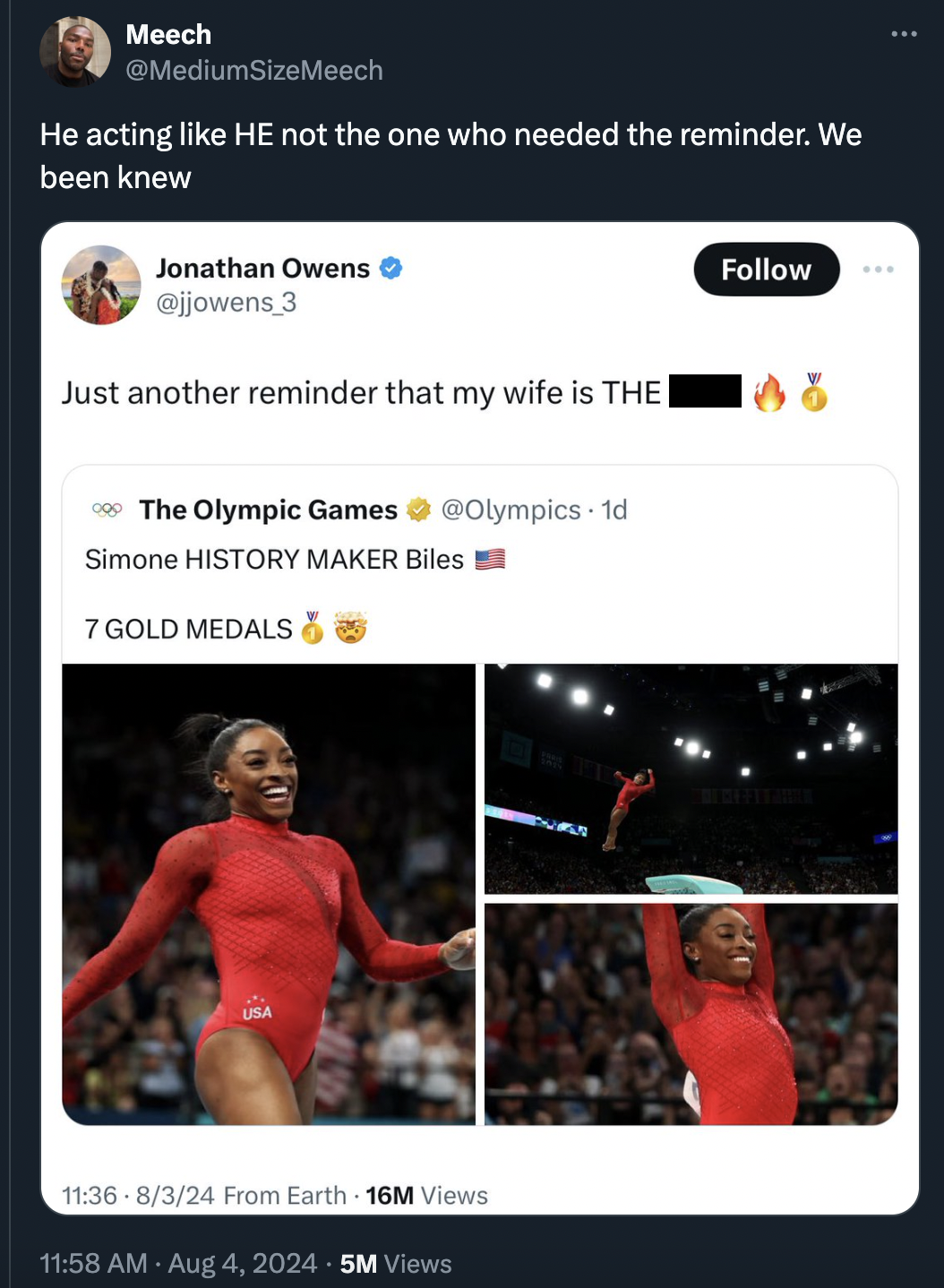 screenshot - Meech SizeMeech He acting He not the one who needed the reminder. We been knew Jonathan Owens 3 Just another reminder that my wife is The The Olympic Games 1d Simone History Maker Biles 7 Gold Medals 8324 From Earth 16M Views .5M Views